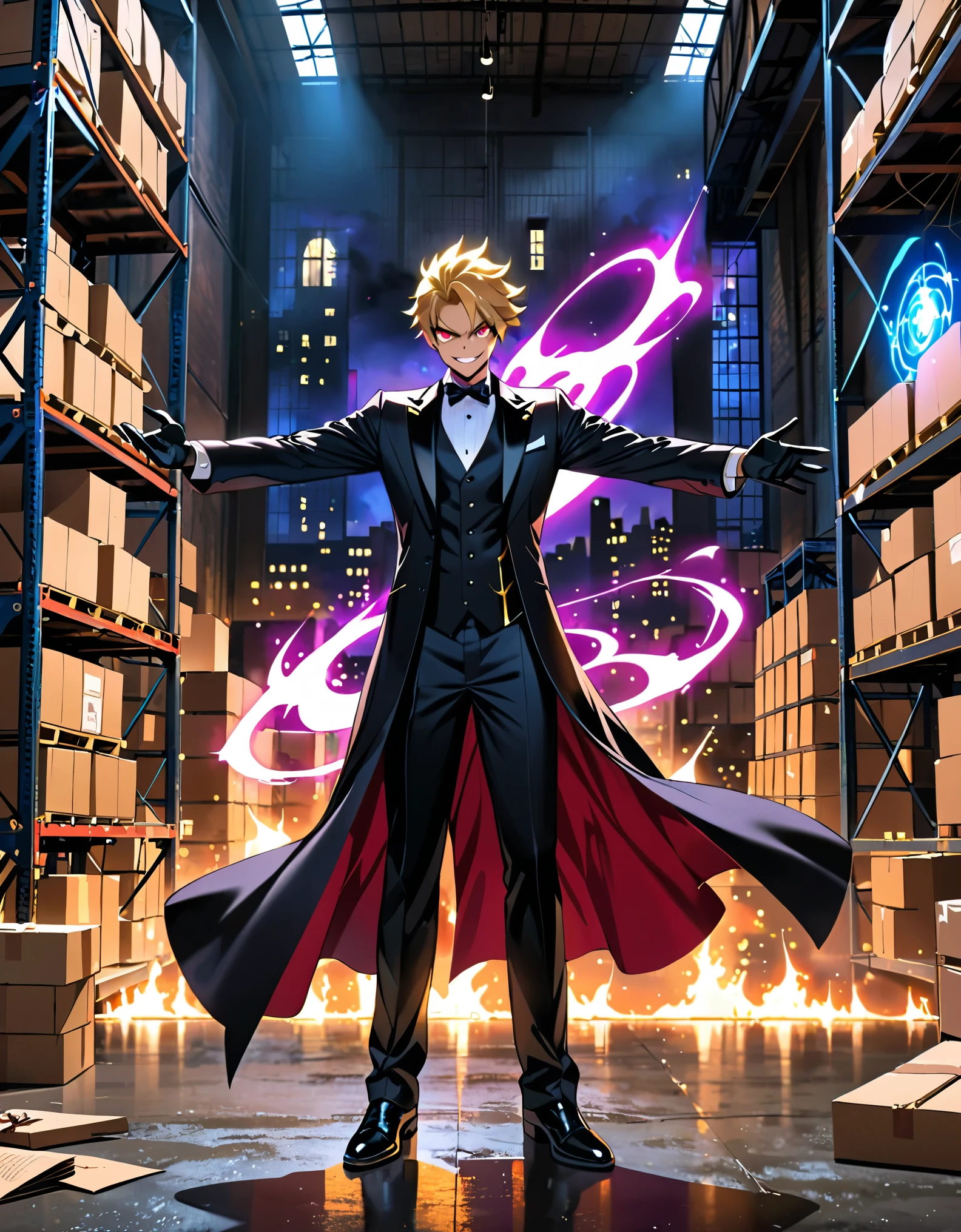 (masterpiece), (best quality), (high res), (solo, solo focus), 1male, male focus, magic, magician, neon black tuxedo, blonde hair, short hair, combed back hair, hazel eyes, perfect hands, raised arms, casting a spell, matching black gloves, black shoes, new york backdrop, midnight, warehouse, indoors, standing, evil grin, (his body surrounded by non-green aura), full-body costume design.
