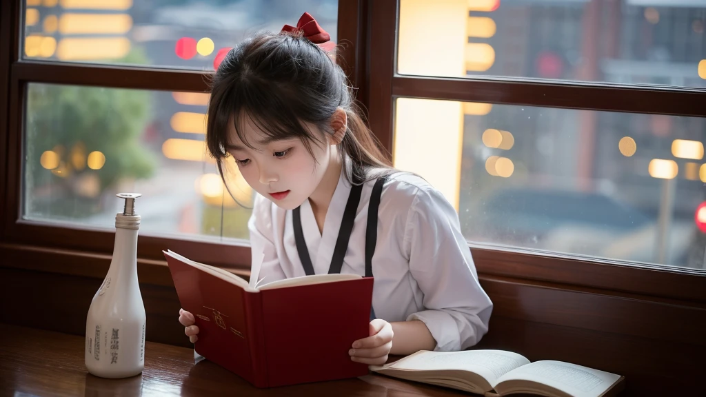 First-class quality，8K resolution，masterpiece，Fresh，Close-up shot，Chinese  girl bows her head to read a book，Sitting at the table，Fashion suspender top，Fair skin，Bright colors，Summer Night，The background is a window，Night view outside the window