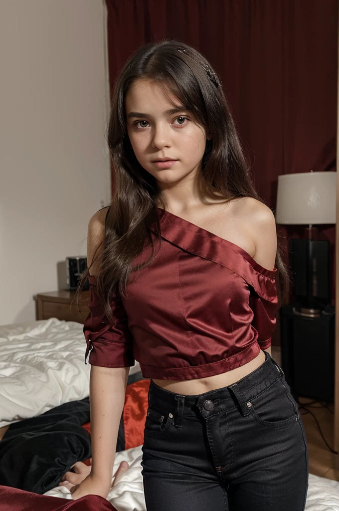((( girl))) ((12-ye-olrl)) ring a red off-the-shoulder satin blouse, and black jeans standing in a bedroom