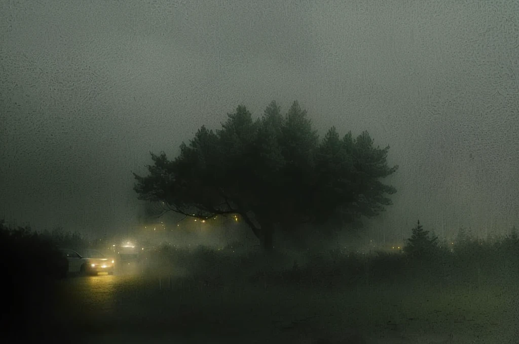 there is a picture of a Foggy Night with a tree and a car, Light through the fog, rain, Dim lights and thick fog, Midnight fog - mist!, Weird Teeth, Atmospheric fog and lighting, Magic Storm Fog, low visibility creepy, Fog lights, There is mist and fireflies, Watching from afar in the fog, Foggy Night, Foggy night