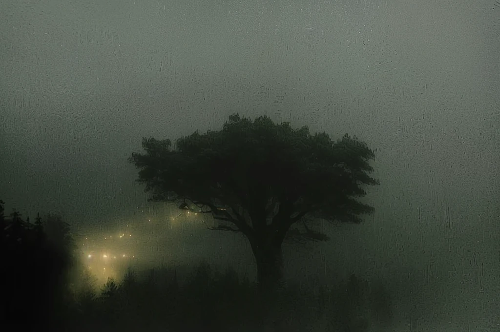 there is a picture of a Foggy Night with a tree and a car, Light through the fog, rain, Dim lights and thick fog, Midnight fog - mist!, Weird Teeth, Atmospheric fog and lighting, Magic Storm Fog, low visibility creepy, Fog lights, There is mist and fireflies, Watching from afar in the fog, Foggy Night, Foggy night