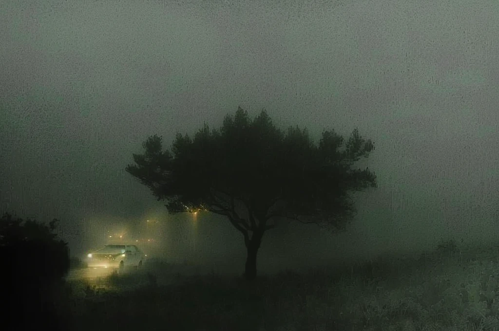 there is a picture of a Foggy Night with a tree and a car, Light through the fog, rain, Dim lights and thick fog, Midnight fog - mist!, Weird Teeth, Atmospheric fog and lighting, Magic Storm Fog, low visibility creepy, Fog lights, There is mist and fireflies, Watching from afar in the fog, Foggy Night, Foggy night