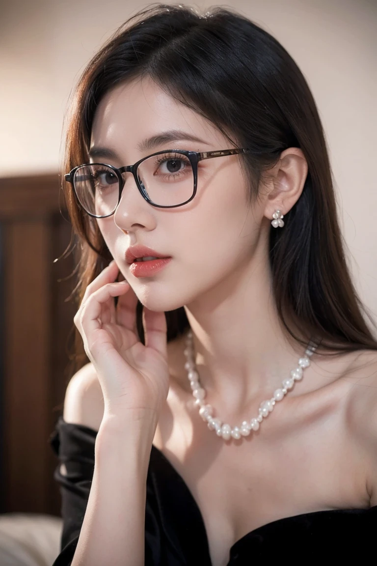 beautiful woman looking down at her phone, closeup side profile of woman's face, woman in black dress with off-the-shoulder sleeves, pearl earrings and necklace, wearing glasses, intense and longing gaze, high-quality realistic portrait photograph, natural skin tones, soft lighting, shallow depth of field, photorealistic, 8k, hyper-detailed, intricate details