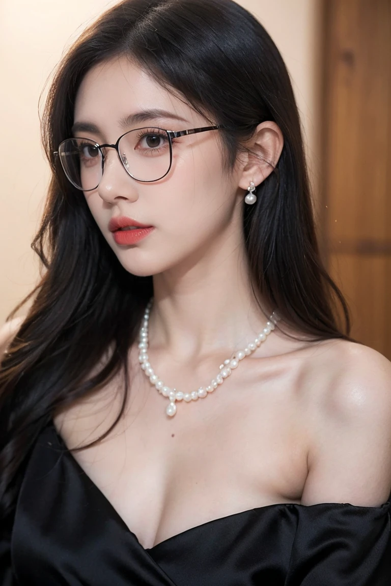 beautiful woman looking down at her phone, closeup side profile of woman's face, woman in black dress with off-the-shoulder sleeves, pearl earrings and necklace, wearing glasses, intense and longing gaze, high-quality realistic portrait photograph, natural skin tones, soft lighting, shallow depth of field, photorealistic, 8k, hyper-detailed, intricate details