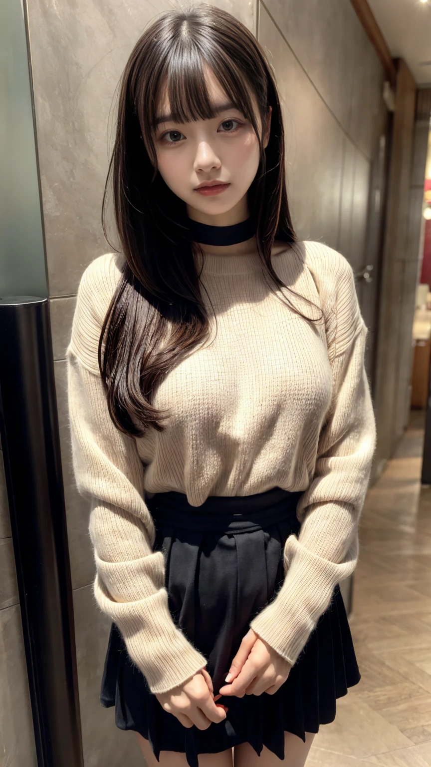 highest quality、8k、32k、masterpiece、Hmph:1.2)、One Girl、Girl with long hair、Beautiful Japanese Woman、Black-haired、Heavy bangs、Long sleeve shirt、Hair length、A fluffy white sweater、Don't expose it、D Cup,choker、plump breasts, large breasts, Bright red eyeliner、full body, perfect body shape