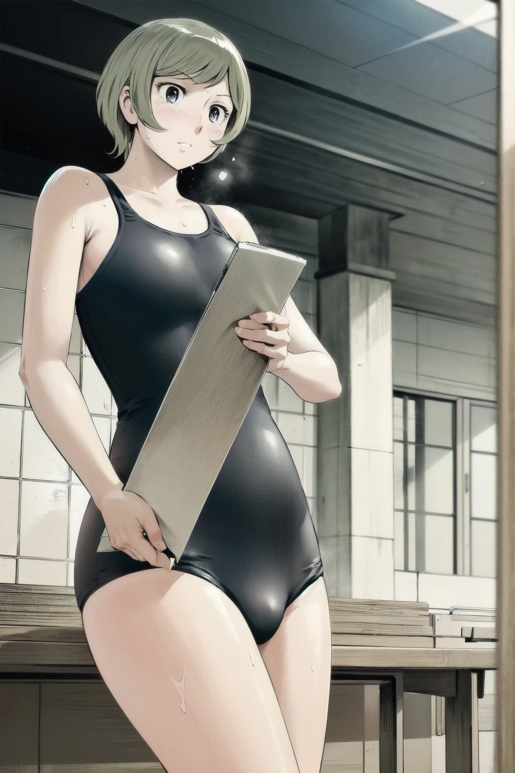 Blue school swimsuit、(masterpiece、Highest quality)、Highest quality, Ultra-high resolution, (((masterpiece))), alone, Sweat、Big eyes, Composition from the front、Shortcuts、Embarrassed face、blonde、Cut your hair short、School swimming pool、short hair、Pussy Line、Browsing Caution、Butt