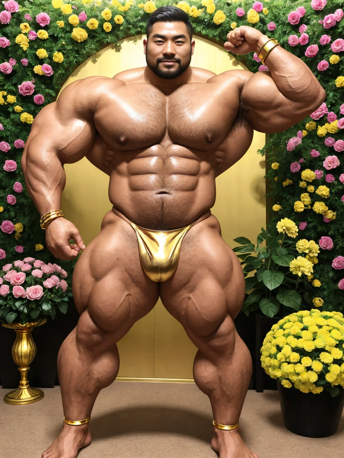 There is only one handsome Chinese man in the photo，35 years old，tall, Fitness，Smooth body，Smooth skin，No chest hair，short hair, O-Shaped Beard，Perfect body, Dark skin color，Radiant Skin，Smooth skin，Shiny, shiny skin，Smooth pectoral muscles，Muscle bulge, muscular, Very large pectoral muscles，Very sexy abdominal muscles，Very well-developed leg muscles，Huge concave and convex area，Brightens oily skin，Wearing a shiny gold leather thong，Handsome face，Normal human toes，Correct and accurate male body proportions，Gold Collar，Gold bracelet，Gold anklets，Standing in the flower room，The background is full of flowers，Surrounded by flowers。
