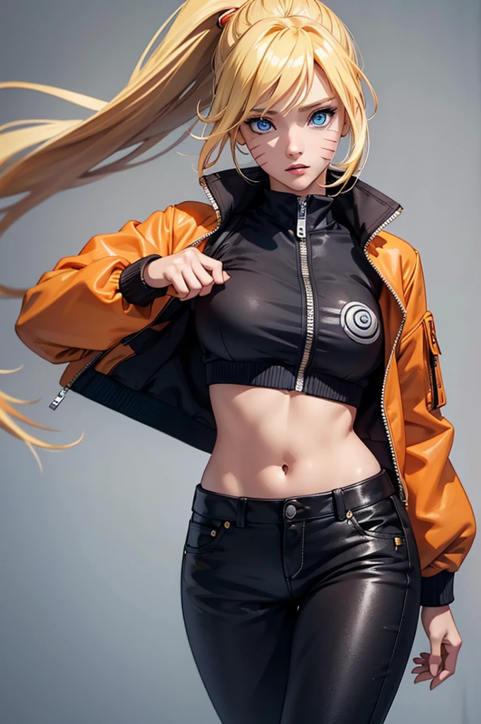 (masterpiece, best quality:1.2), expressive eyes, perfect face, highres, 1girl, solo, (female:1.5), NarukoUzumaki, blue eyes, blonde hair, long hair, facial mark, whisker markings, short hair, long sleeves, jacket, opened jacket, (naruto outfit), midriff, orange-black jacket, meshes, pants, black pants, standing, upper body, looking at the viewer