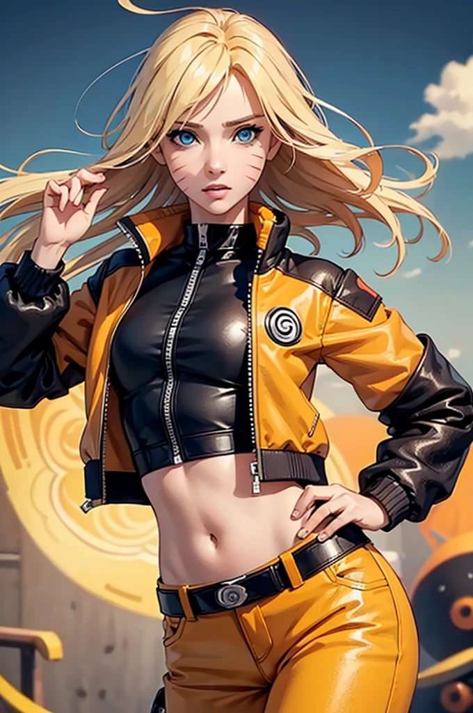 (masterpiece, best quality:1.2), expressive eyes, perfect face, highres, 1girl, solo, (female:1.5), NarukoUzumaki, blue eyes, blonde hair, long hair, facial mark, whisker markings, short hair, long sleeves, jacket, opened jacket, (naruto outfit), midriff, orange-black jacket, meshes, pants, black pants, standing, upper body, looking at the viewer
