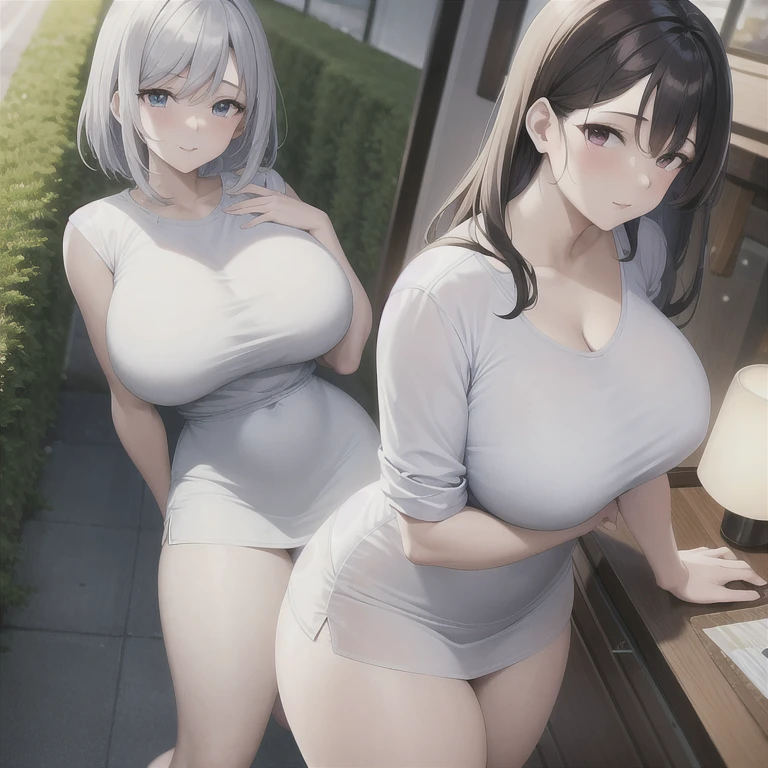 (masterpiece, best quality:1.2), (8k, best quality, masterpiece, Golden Ratio Composition,:1.3), woman, (Beautiful Japanese woman in her 40s), (Busty woman), (Thick thighs), (Smooth long legs), (Wearing a white shirt,:1.2), (Huge breasts), (Snow-white long legs), Soft face line，Gentle，Silver short hair,