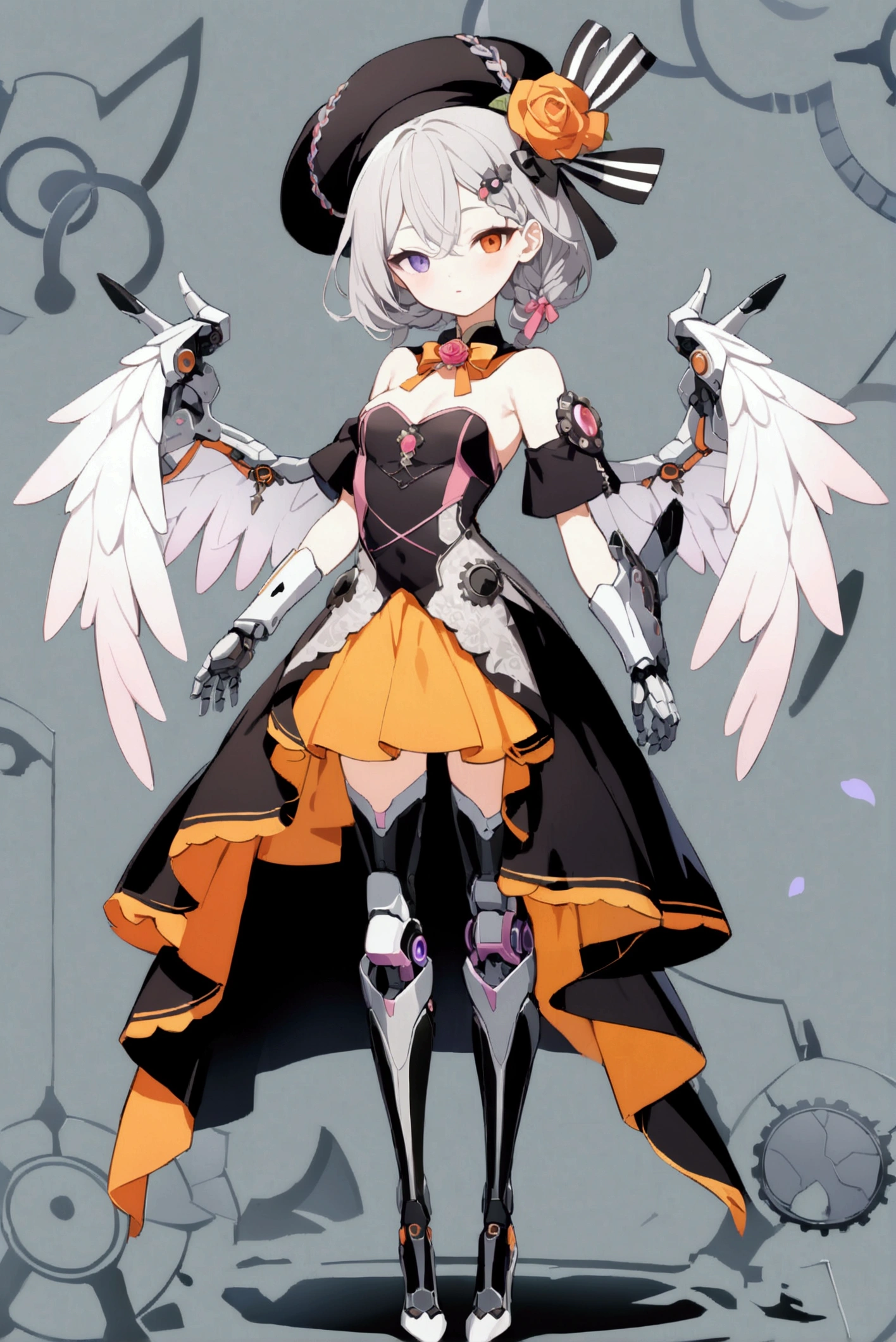 woman 160 cm tall, slim build, , charming look, ((heterocromia: look like, derecho naranja y look like izquierdo violeta)), (Shoulder Length Wavy Gray Hair, He has a medium braid on the left side of his hair on his chest., big open bangs, has a gear hairpin on the right side of the hair), (((complex mechanical legs up to the hip, The legs are black with gray parts with small pink details))), (((complex mechanical arms up to the elbows, The arms are black with gray parts with small pink details))), (complex mechanical angel wings of white color with dark gray parts), (elegant black French beret with an orange rose ribbon), (elegant thigh-length one-piece dress, short bell skirt, short sleeves, elegant black hip belt with orange parts, small rose brooch in the middle of the chest, beautiful stiletto heels with a medium ribbon at the back, blue and black ribbon decorations on the dress, small gears on the skirt of the dress), (((character design sheet: Front view))), ((full body)), extremely detailed beautiful hair, beautiful detailed dress, extremely detailed arms, extremely detailed face, (Extremely detailed hands), perfect hands, small face, hermosos look likes detallados, beautiful detailed lips, adorable, extremely detailed legs, (Best Quality, 8k, Ultra resolution), ultra detailed, Exquisite and epic character art, ((White background)), (Focus on symmetry).