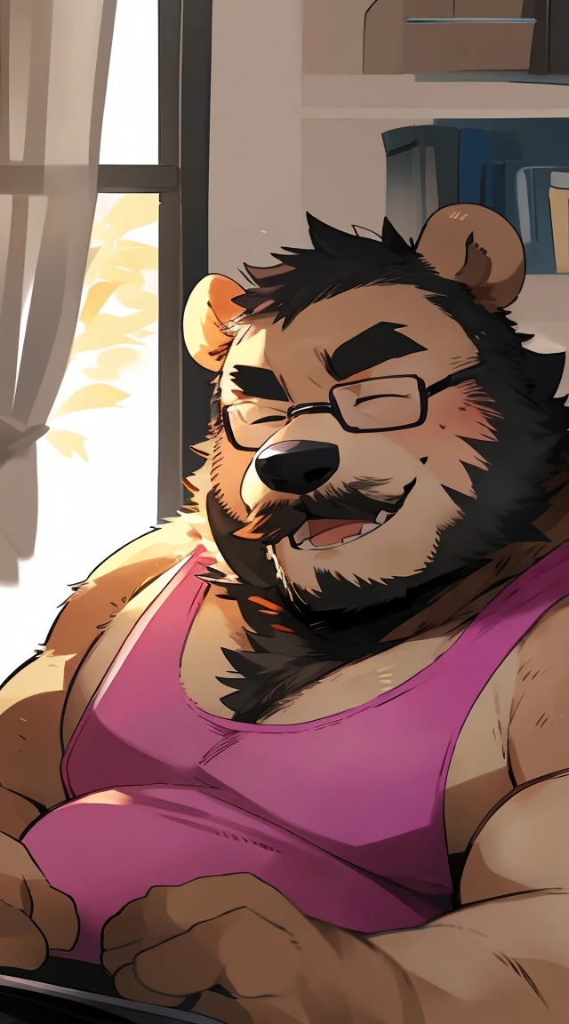 Chubby, furry,male , anthro bear, very plump, middle aged  , mouth covered mustache,Thick beard, seductive  , detailed , half body , tight tank top, extremely hot and sexy, eye closed, by hyaku ,by darkgem, by glitter trap boy, wearing circular glasses, wearing pink shirt, cute smile