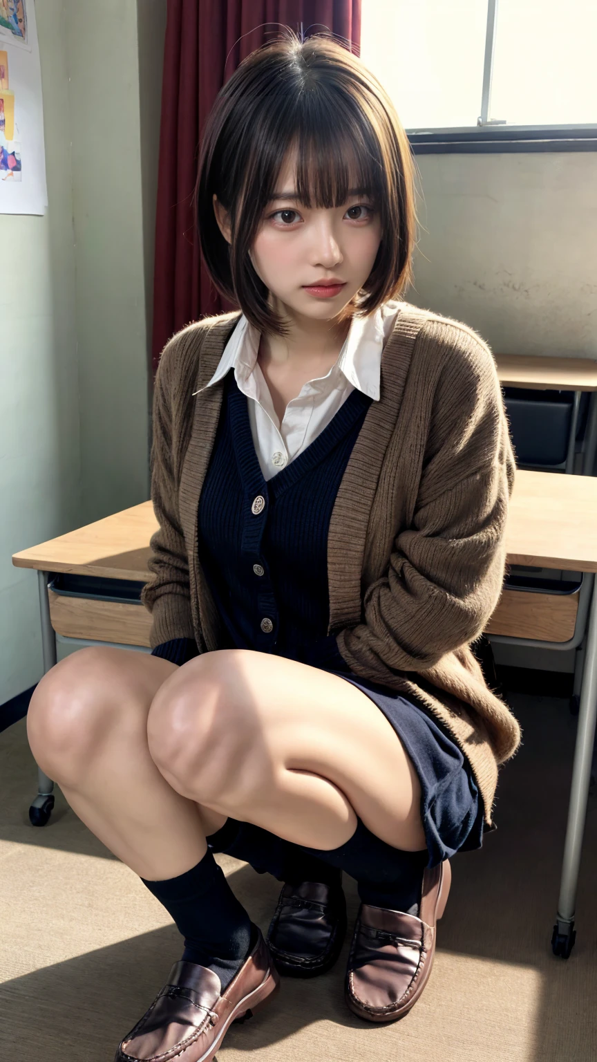 Enchanting anime girl, [ 4k digital art ]!!,Ultra-realistic painting, Art with attention to detail, 8k high quality detailed art,Curvy Tanned Gal,(puppet,Thick lips:1.2),Dress shirt,cardigan,,Side details,Pleated skirt,Brown Loafers,Blonde Short Hair,(Dark Skip:1.3),loose socks,Sweaty,close,Crouch on the desk,In the classroom,(Blushed),