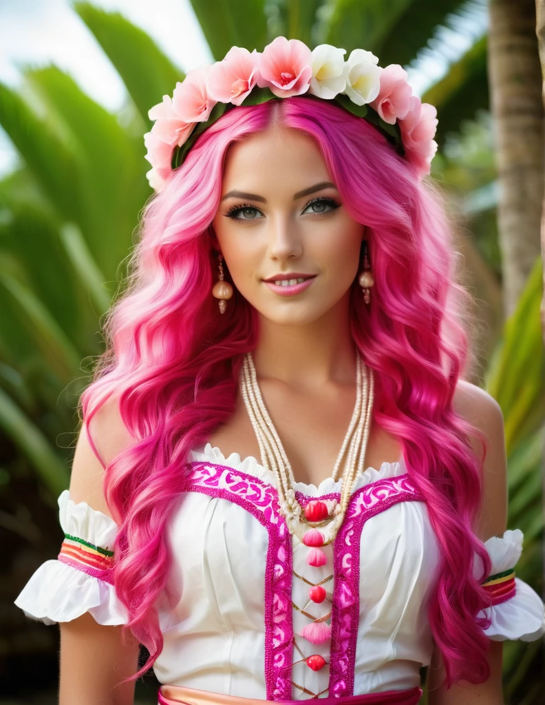 Very attractive 25 year old caucasian female with long wavy bright pink hair, wearing traditional howaiian costume, full length, photo quality