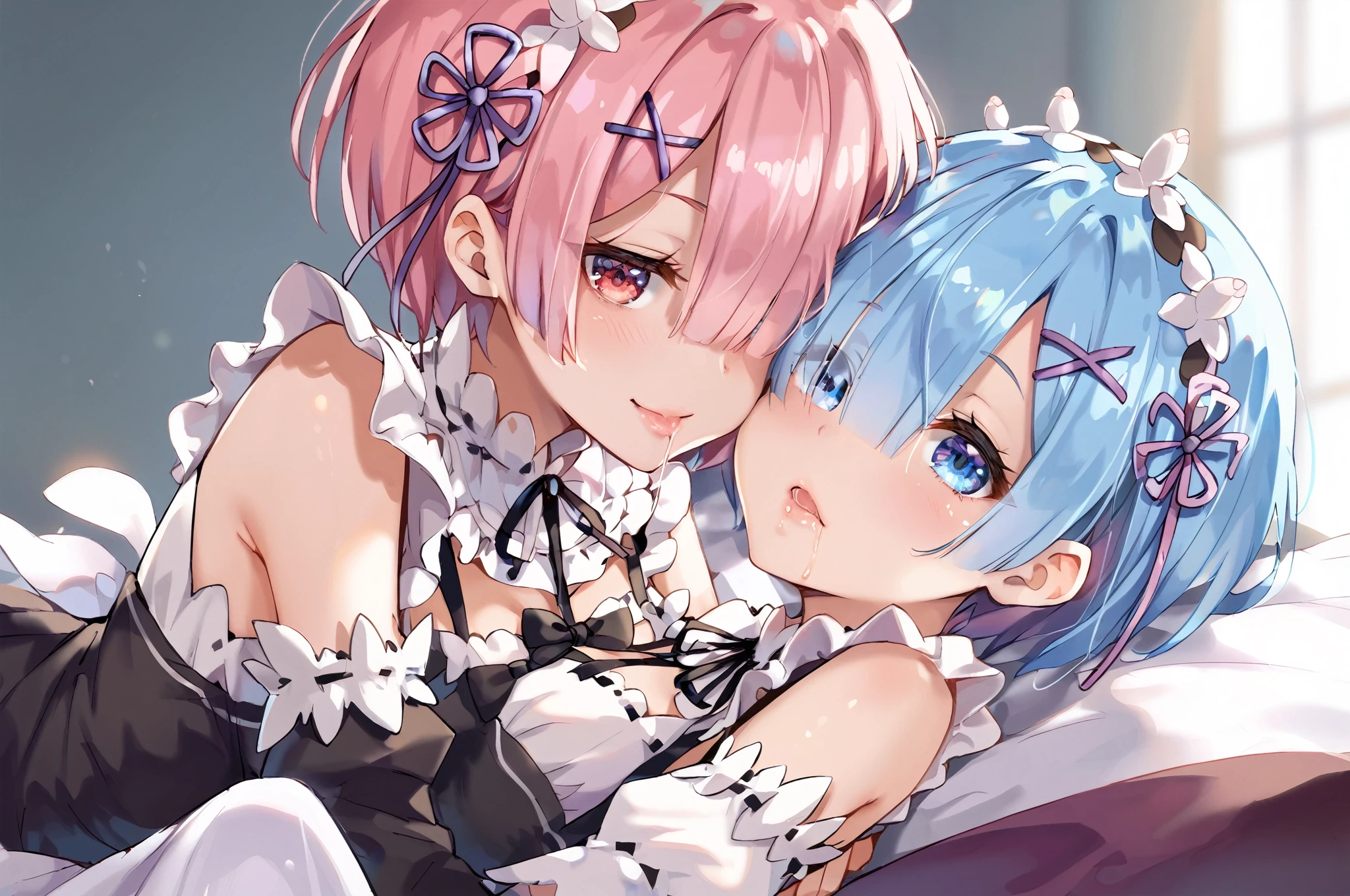 score_9, score_8_up, score_7_up, score_6_up,source_anime,
 ,hugging, leglock, close_together, wrapped_bodies,2girls, laying down,naughty face, saliva, saliva trail, on bed, 
BREAK
,ram, hair flower, hair ornament, hair over one eye, pink hair, red eyes, short hair, x hair ornament, BREAK
,rem, blue eyes, blue hair, hair ornament, hair over one eye, hair ribbon, short hair, x hair ornament, 