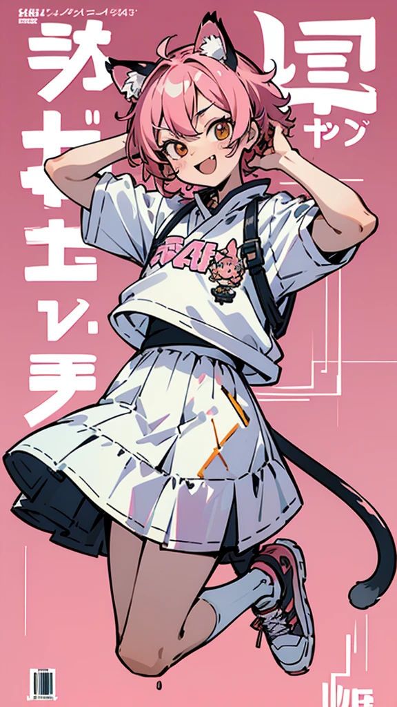 サイバーパンク, オーバーサイズパーカー, Wearing big sneakers, whole body, Simple Background, Magazine cover style, Tiger themed characters, Light pink image color, Cheerful boy, Jumping, short hair, tsurime, cat ears, skin fang, grin, tachi-e, projected inset, UHD, best quality, highres, 8k