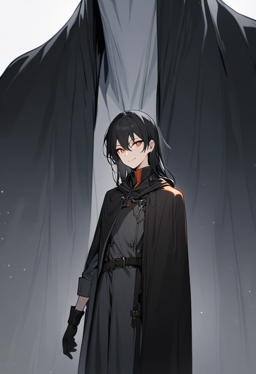 Solo-man, tall man, slender, shoulder length black hair, amber eyes, sly smile, gray robes, black cloak, leather gloves
