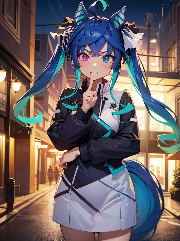 (Masterpiece, best quality, high res、highly detailed cg: 1), A foreign land where the language is not understood, a prostitute inviting with body language, both not understanding each other's words but the intentions are clear, she is using gestures and expressions, street at night, subtle lighting, exotic atmosphere. Twin_Turbo_Umamusume, aqua hair, twintails, heterochromia, purple eyes, blue eyes, sharp teeth,hores tails, nsfw