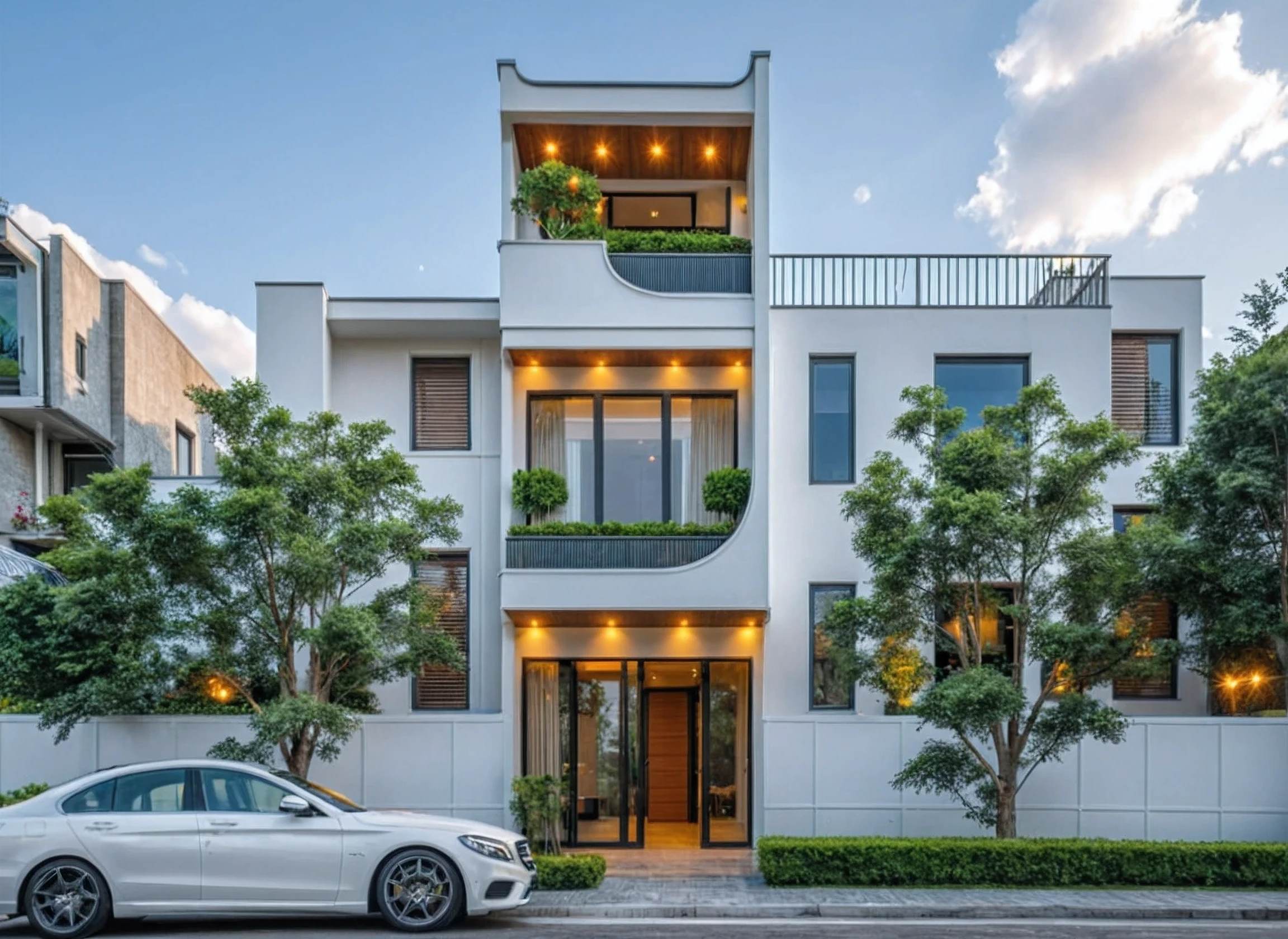 Masterpiece, high quality, best quality, authentic, super detail, outdoors, onestoreyvillaXL, aiaigroup, house style modern on the street ,stairs, white wall ,road,pavement, grass, trees, sky, cloud, (daylight:1.1)