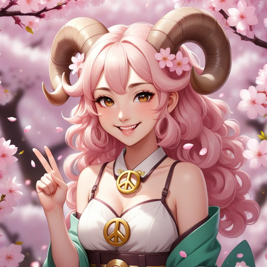 Cheerful anime Aries girl with curled ram horns, winking and flashing a peace sign, surrounded by floating sakura petals