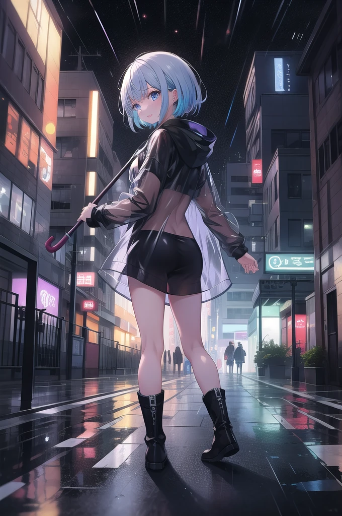 (8k, best quality, master piece: 1.2),super high resolution,1 girl, 独奏, ((colorshift eyes, hyperdetailed, expressive eyes)), ultra-detailed face, random hair, random color, Ecstatic expression, Back view, Girls holding umbrellas together on a rainy day。The silhouette seen from behind is beautiful.。Transparent raincoat、Hair on the back、Boots。