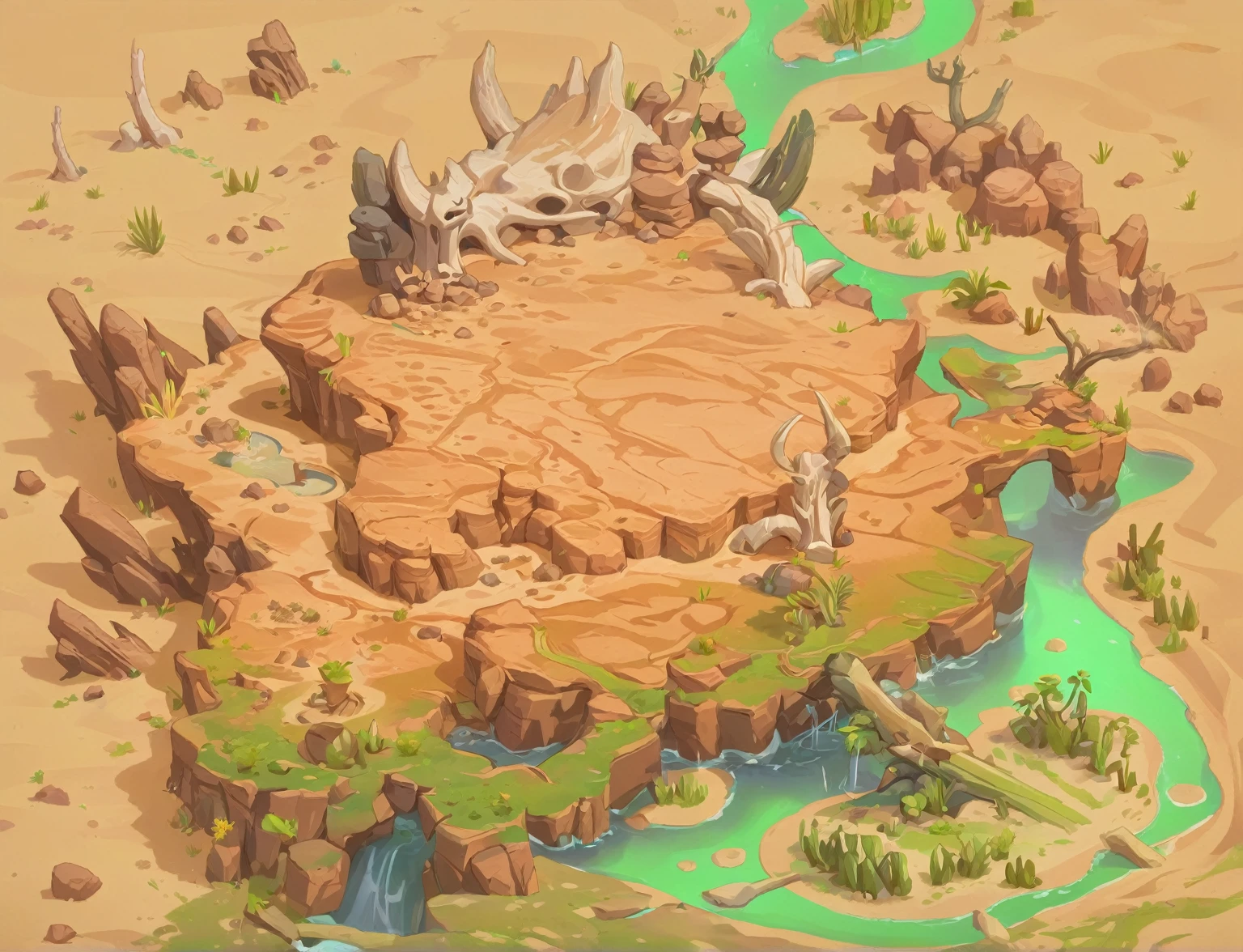 Legendary Skin "Desert",loess,oasis,bone,Desert Scene,Green Plants,Cartoon Style,Game scene