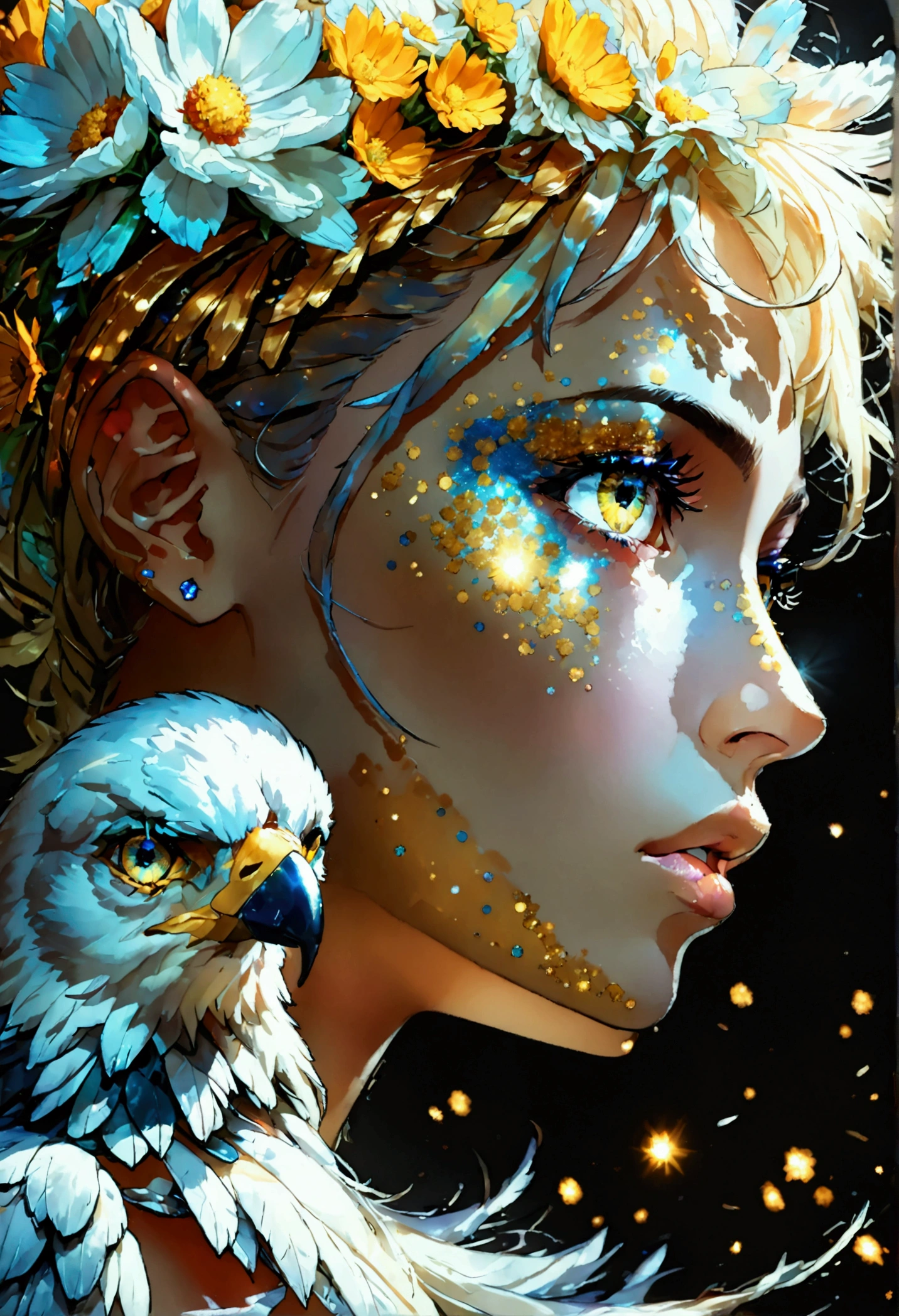 PORTRAIT, only face portrait, macro, a LATINO battle angel portrait NEXT TO An eagle , beautiful white skin with sparkles and glitter, short golden hair with green and yellow flowers on hair, shiny and lightening eyes, cosmos eyes, next to a bird, highly detailed fur (vectorized) , detailed skin, image is compelling with dynamic composition and energetic posing. Include many fantasy details such as bumps, phantasmal iridescence, glitter, galaxy, cosmos, ((dark celestialskin body, void cosmic body)), (((dark background))), (((lights off))), (((hollywood dark))), horror, dramatic shadows, (in a dark fantasy space:1.3, glitter, sparkle, gleam) vector digital illustration, (black background:1.5)sharp
