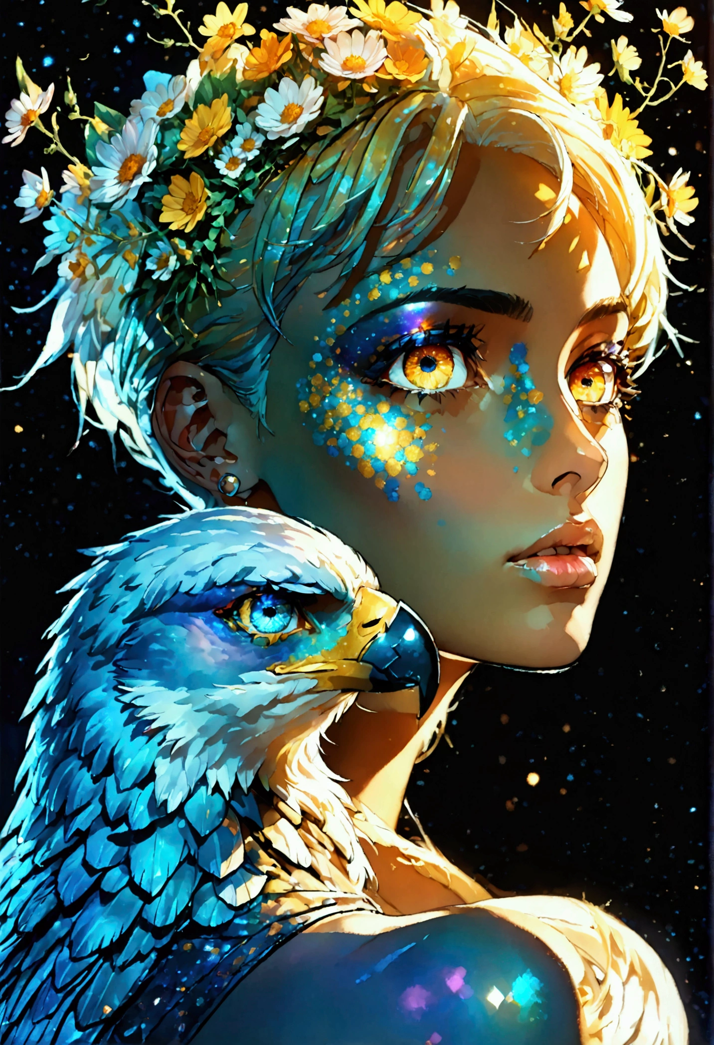 PORTRAIT, only face portrait, macro, a LATINO battle angel portrait NEXT TO An eagle , beautiful white skin with sparkles and glitter, short golden hair with green and yellow flowers on hair, shiny and lightening eyes, cosmos eyes, next to a bird, highly detailed fur (vectorized) , detailed skin, image is compelling with dynamic composition and energetic posing. Include many fantasy details such as bumps, phantasmal iridescence, glitter, galaxy, cosmos, ((dark celestialskin body, void cosmic body)), (((dark background))), (((lights off))), (((hollywood dark))), horror, dramatic shadows, (in a dark fantasy space:1.3, glitter, sparkle, gleam) vector digital illustration, (black background:1.5)sharp