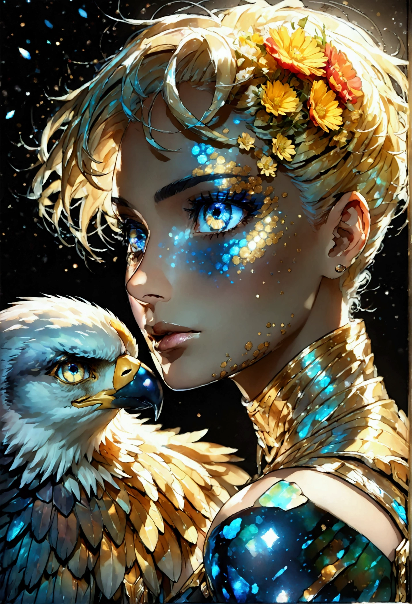 PORTRAIT, only face portrait, macro, a LATINO battle angel portrait NEXT TO An eagle , beautiful white skin with sparkles and glitter, short golden hair with green and yellow flowers on hair, shiny and lightening eyes, cosmos eyes, next to a bird, highly detailed fur (vectorized) , detailed skin, image is compelling with dynamic composition and energetic posing. Include many fantasy details such as bumps, phantasmal iridescence, glitter, galaxy, cosmos, ((dark celestialskin body, void cosmic body)), (((dark background))), (((lights off))), (((hollywood dark))), horror, dramatic shadows, (in a dark fantasy space:1.3, glitter, sparkle, gleam) vector digital illustration, (black background:1.5)sharp