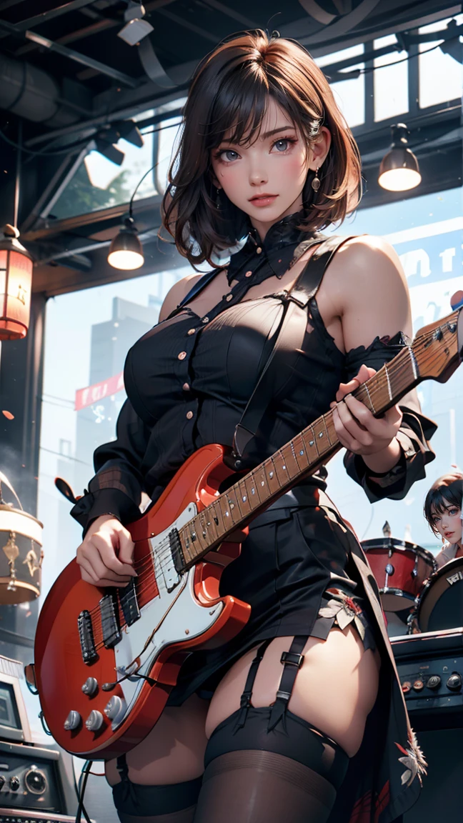 Highest quality,masterpiece,Ultra-high resolution,(Photo realistic:1.4),One Girl,View your audience,Japanese women,garter belt、Garter Stockings、punk、Three Women、Rock Live、Electric guitar、base、drum