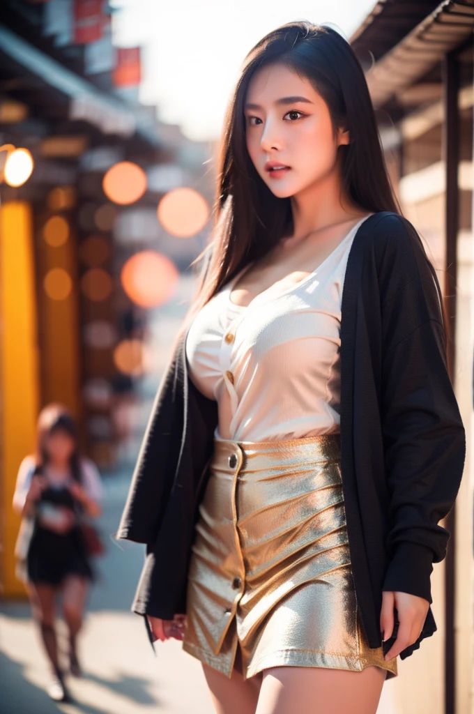 japanese, woman, young adult, straight hair, black hair, Curvy, cardigan, skirt, boots, realistic, Surrealism, High detail, Ray Tracing, Hyper HD, masterpiece, Textured skin, 4K, Highest quality,