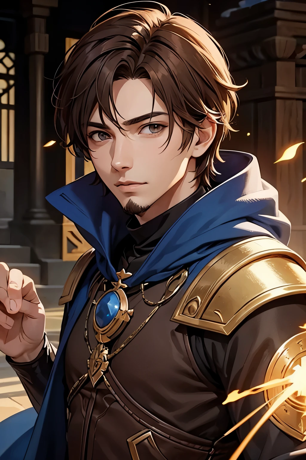 A young male mage in a fantasy setting, short brown hair parted at the temples, goatee, detailed face