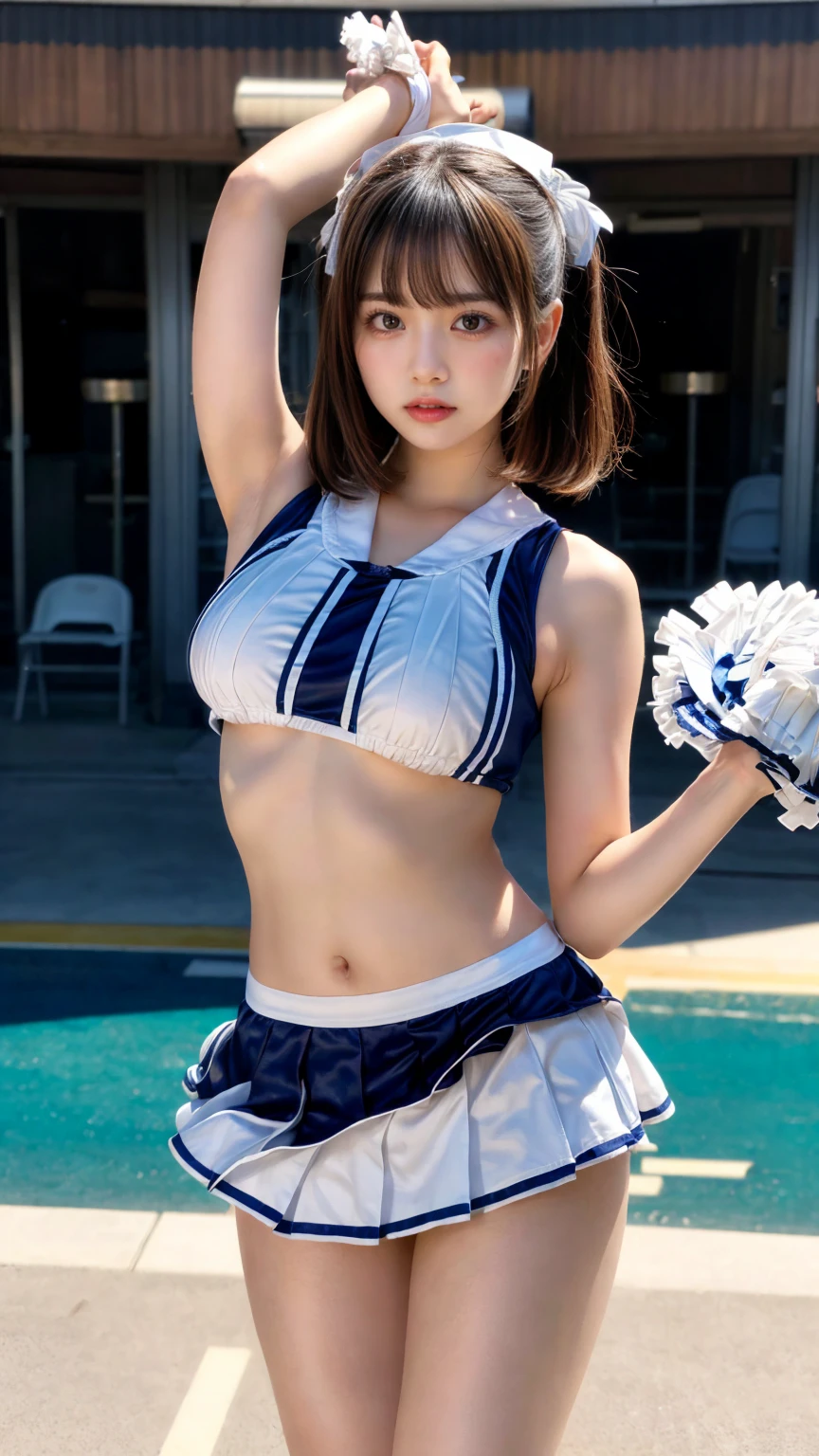 masterpiece, best quality, illustration, Super detailed, fine details, High resolution, 8K,wall paper, perfect dynamic composition,(Details High quality, realistic depiction of eyes:1.3), hotel room, (cheer girl:1.5),(a miniskirt), to stand、large breasts,short bob hair, black hair color, Big Natural Color Lip, bold sexy pose, crying a little、Harajuku style、20 year old girl、cute type、ta、beautiful legs, hposing Gravure Idol