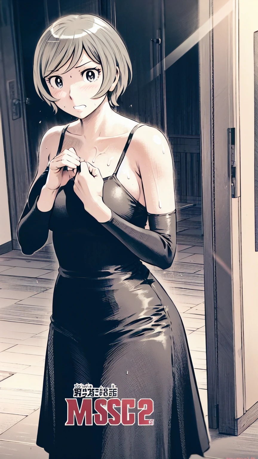 、(masterpiece、Highest quality)、Highest quality, Ultra-high resolution, (((masterpiece))), alone, Sweat、Big eyes, Sleeveless、Outdoor、Floral Dress、Composition from the front、（後ろCut your hair short、short hair、blonde、woman）、Shortcuts、Embarrassed face、Cut your hair short、可愛いwomanの子、Big Breasts、Browsing Caution