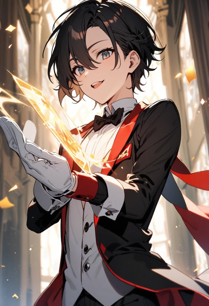 A young man magician,With white gloves,Magician's cloak,The mist obscured his appearance.,Smoky,There is a huge magic array behind it,Black vibe,masterpiece