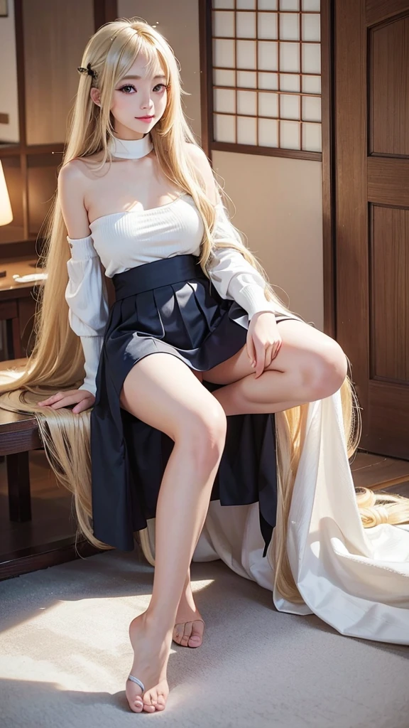 Best Pixels、Highest quality、Highest quality、One Woman、Young Japanese Woman、20th Generation、Long Hair、blonde、blonde、summer、mini skirt、Tight Skirt、Sexy pose、Beautiful round eyes、smile、beauty、Large Breasts、Brushing your hair、Beautiful feet、I can see your pants