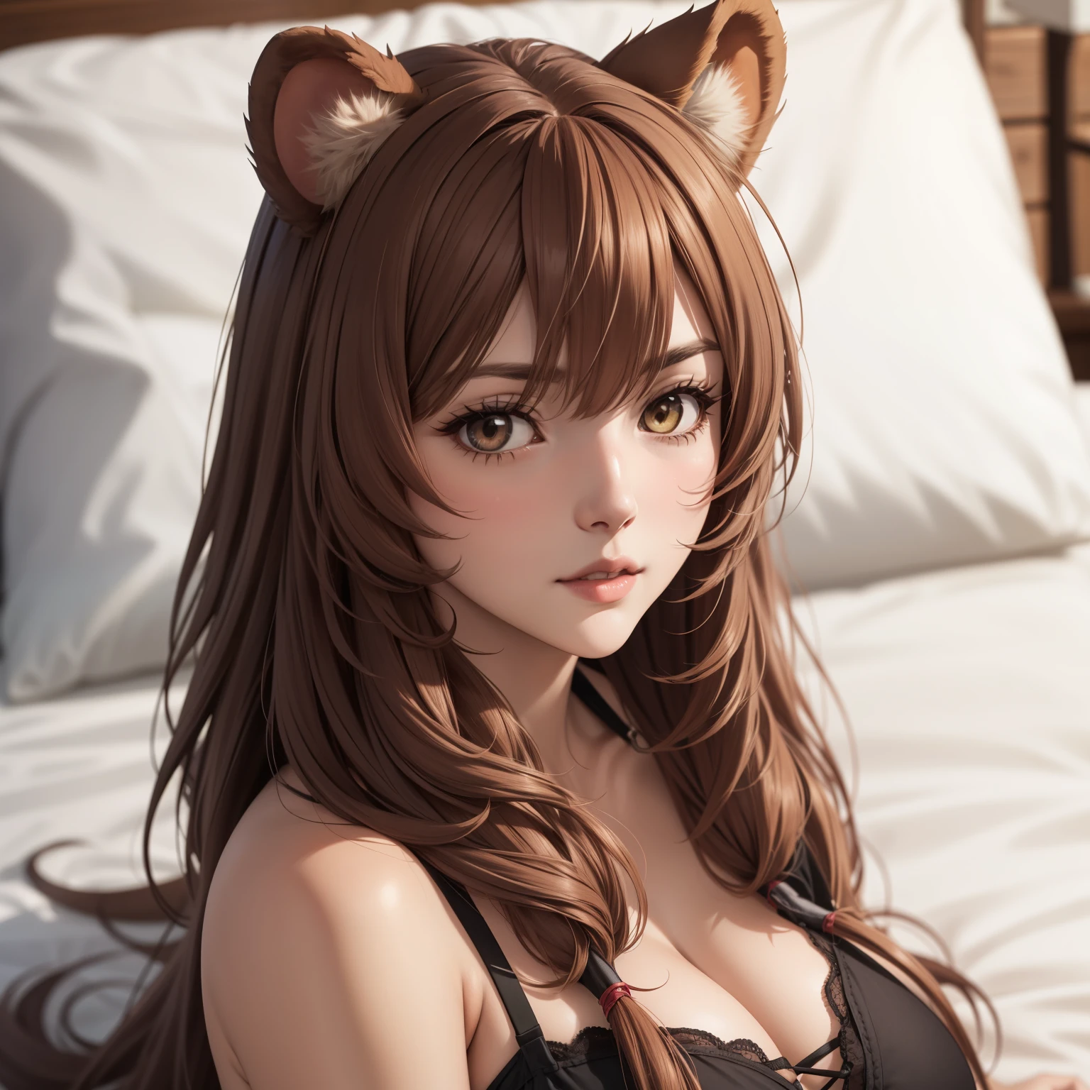 Raphtalia woman 35 years old, enojada, ceño fruncido, furia, Voluminous brown hair, by the floating, lion ears, cabello revuelto, voluminous fur, big breasts, babydoll trasparente , fondo una cama