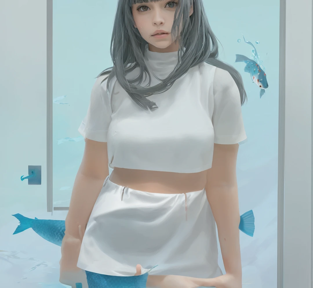A girl with black grey hair and bangs swims with fish, realistic girl