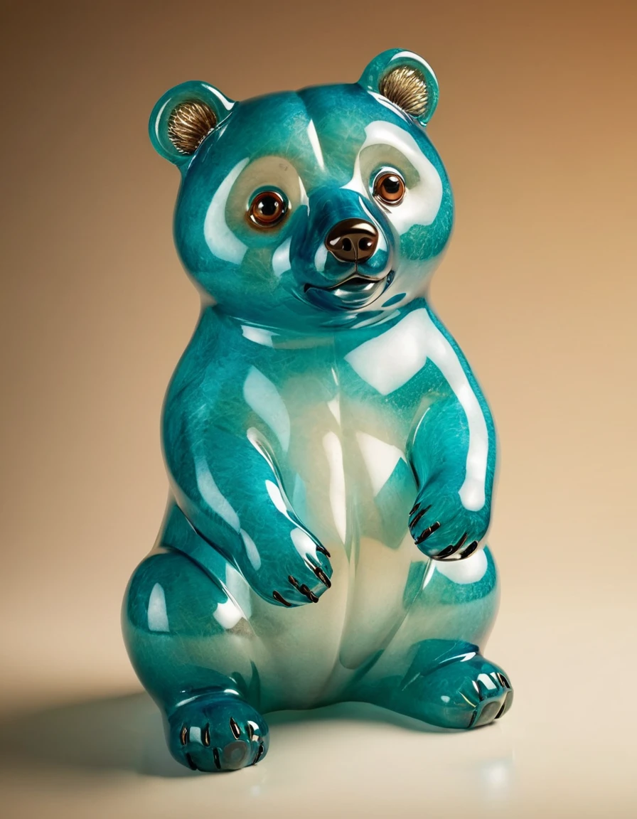 (((translucent glass sculpture:1.5))), cute, obese, bear, cyan eyes, best quality, hires textures, cinematic lighting, warm light, one tone background, (((pedestal:0.8))), detailxl
