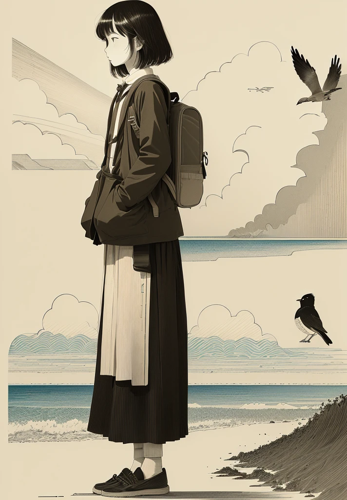 A man standing on the beach,Carrying a backpack,A bird flies in the sky, Inspired by Takeyama Koji Saneatsu, This girl has a backpack, Saul Steinberg(Saul Steinberg)of inspiration, Inspired by Yasui Kotaro, Explorer Sketch, Inspired by Michizari Kono, Line Drawing, Inspired by Onchi Koshiro
