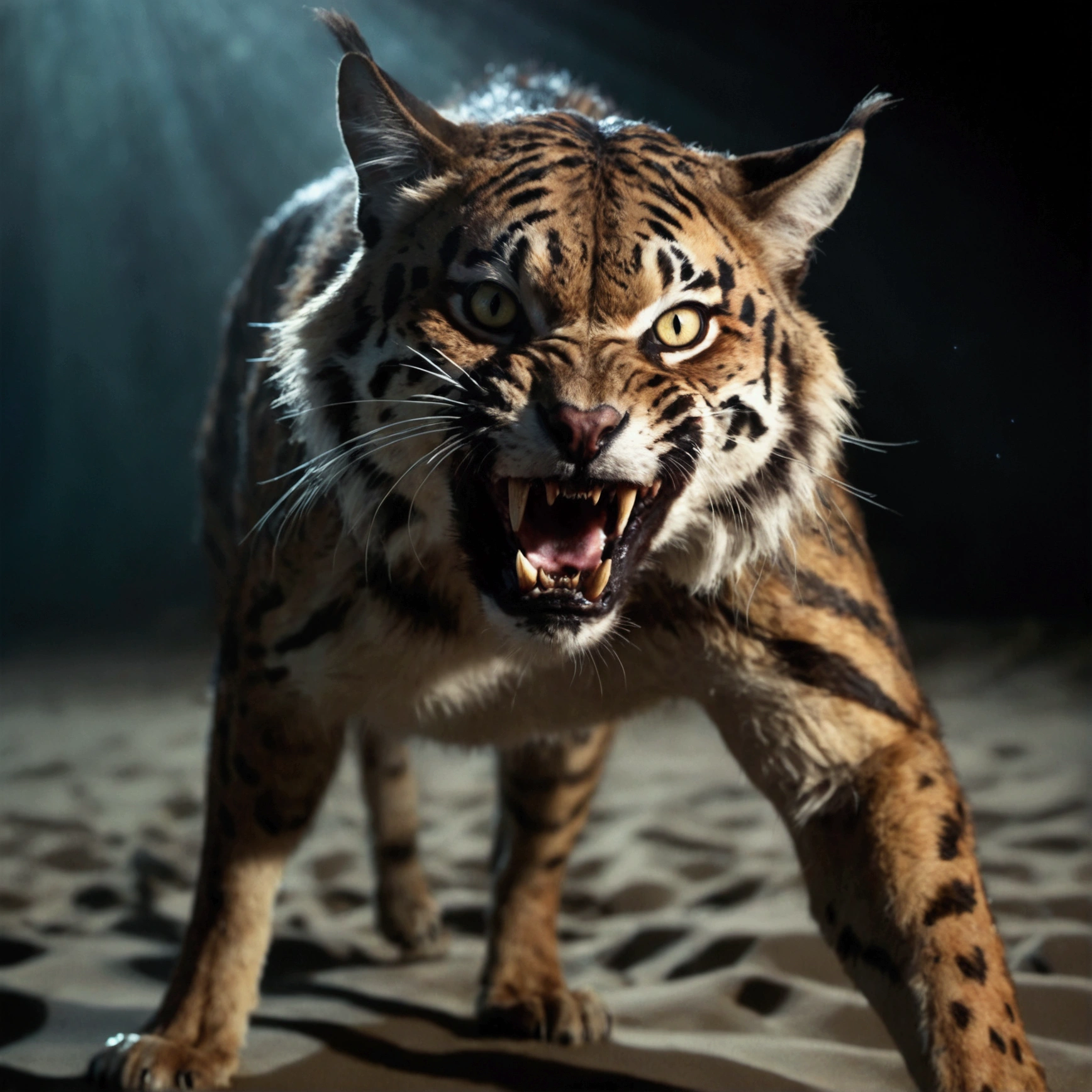 a giant cat,a woman in bikini,stalking,eating,beach,moonlight,horror,playing with prey,extremely detailed,cinematic lighting,vivid colors,dark atmosphere,realistic,photorealistic,photo-realistic:1.37,best quality,4k,8k,highres,masterpiece:1.2,ultra-detailed,dramatic composition,suspenseful,chiaroscuro lighting,moody lighting,volumetric fog,cinematic camera angle,dramatic shadows,detailed texture,glossy fur,terrified expression,prey struggling,powerful predator