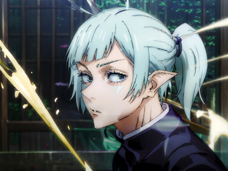 elf abina, he would be, short platinum hair, lilac eyes, facial