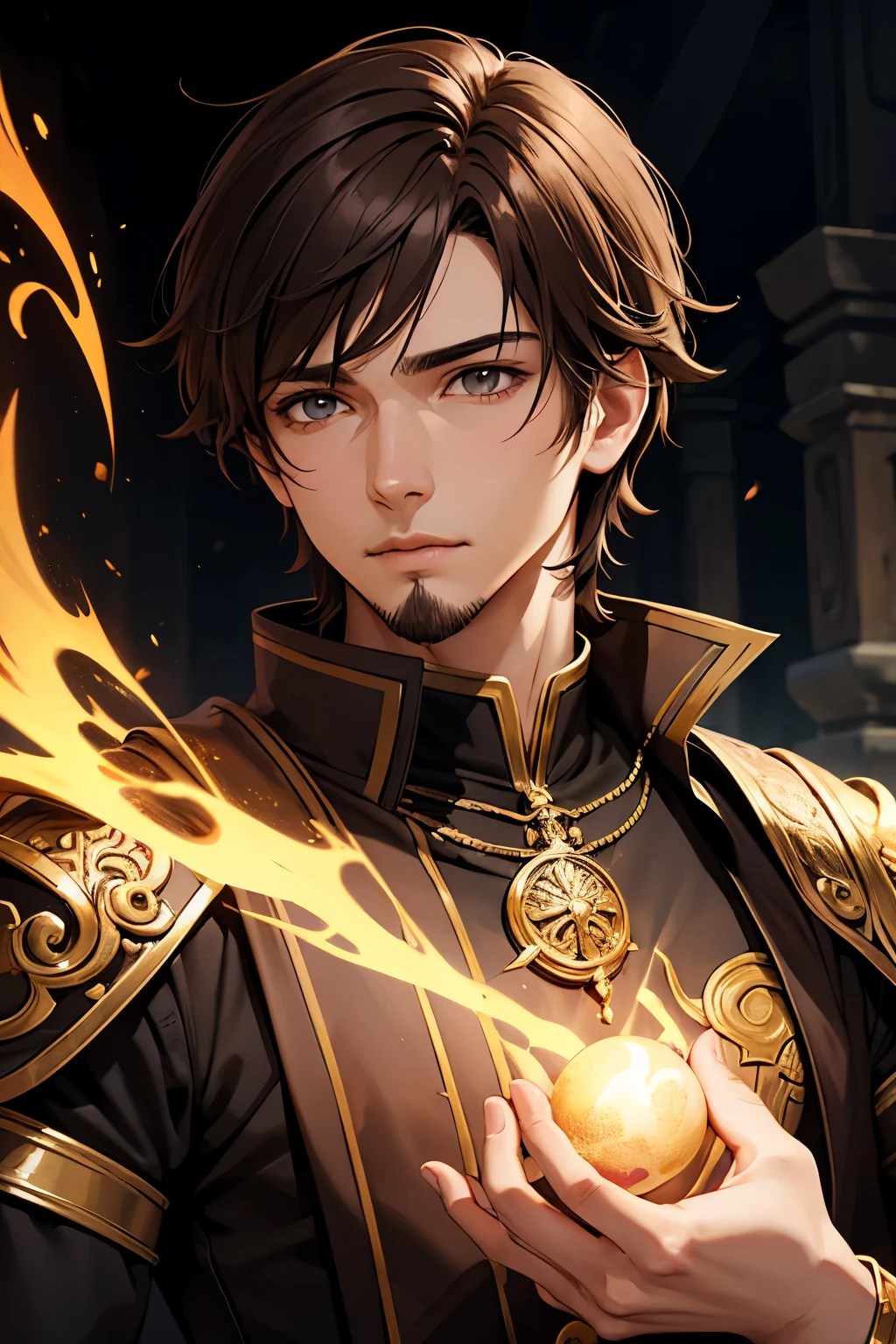 A young male mage in a fantasy setting, short brown hair parted at the temples, goatee, detailed face