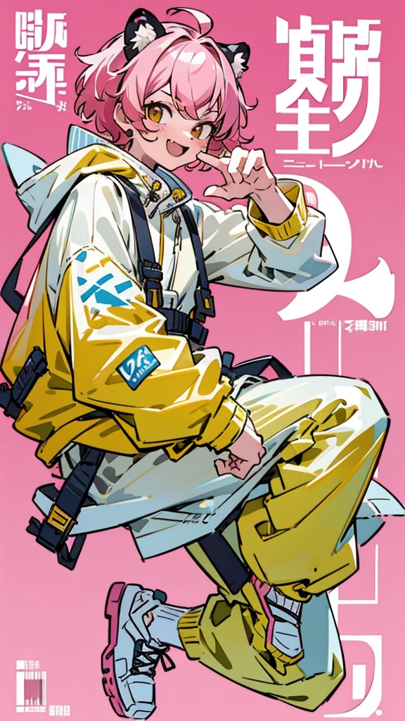 サイバーパンク, オーバーサイズパーカー, Wearing big sneakers, whole body, Simple Background, Magazine cover style, Tiger themed characters, Light pink image color, Cheerful boy, Jumping, short hair, tsurime, cat ears, skin fang, grin, tachi-e, projected inset, UHD, best quality, highres, 8k