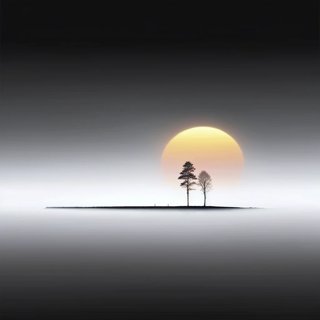 A lone tree stands in the middle of a foggy field, Amazingly simple composition, two suns, Large Twin Sunset, with two suns in the sky, two suns are in the sky, Very simple, in a peaceful的风景, Simple but effective composition, Amazing composition, sunset illustration, Excellent composition, The mood is calm, The setting is happiness wallpaper, peaceful的风景, peaceful