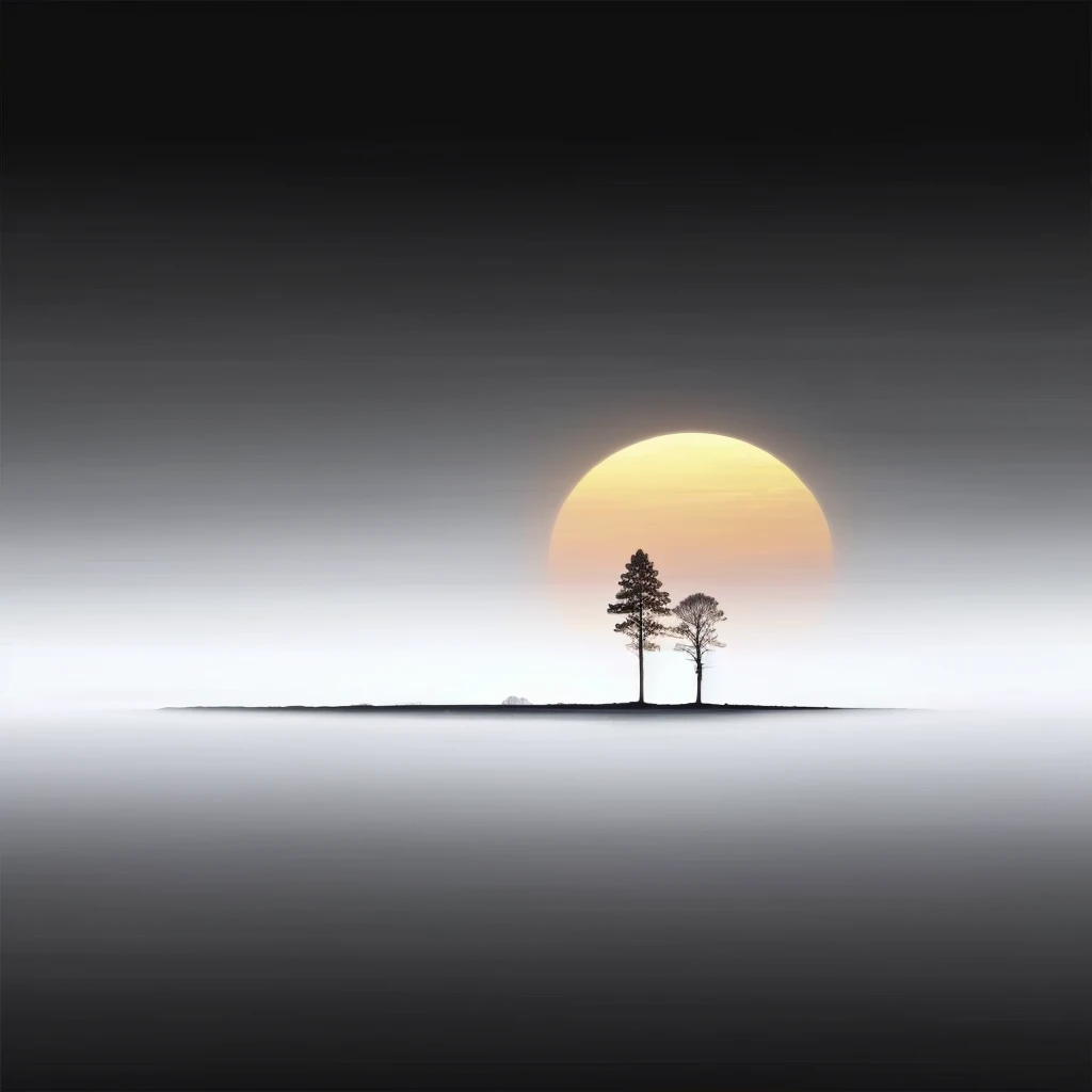 A lone tree stands in the middle of a foggy field, Amazingly simple composition, two suns, Large Twin Sunset, with two suns in the sky, two suns are in the sky, Very simple, in a peaceful的风景, Simple but effective composition, Amazing composition, sunset illustration, Excellent composition, The mood is calm, The setting is happiness wallpaper, peaceful的风景, peaceful