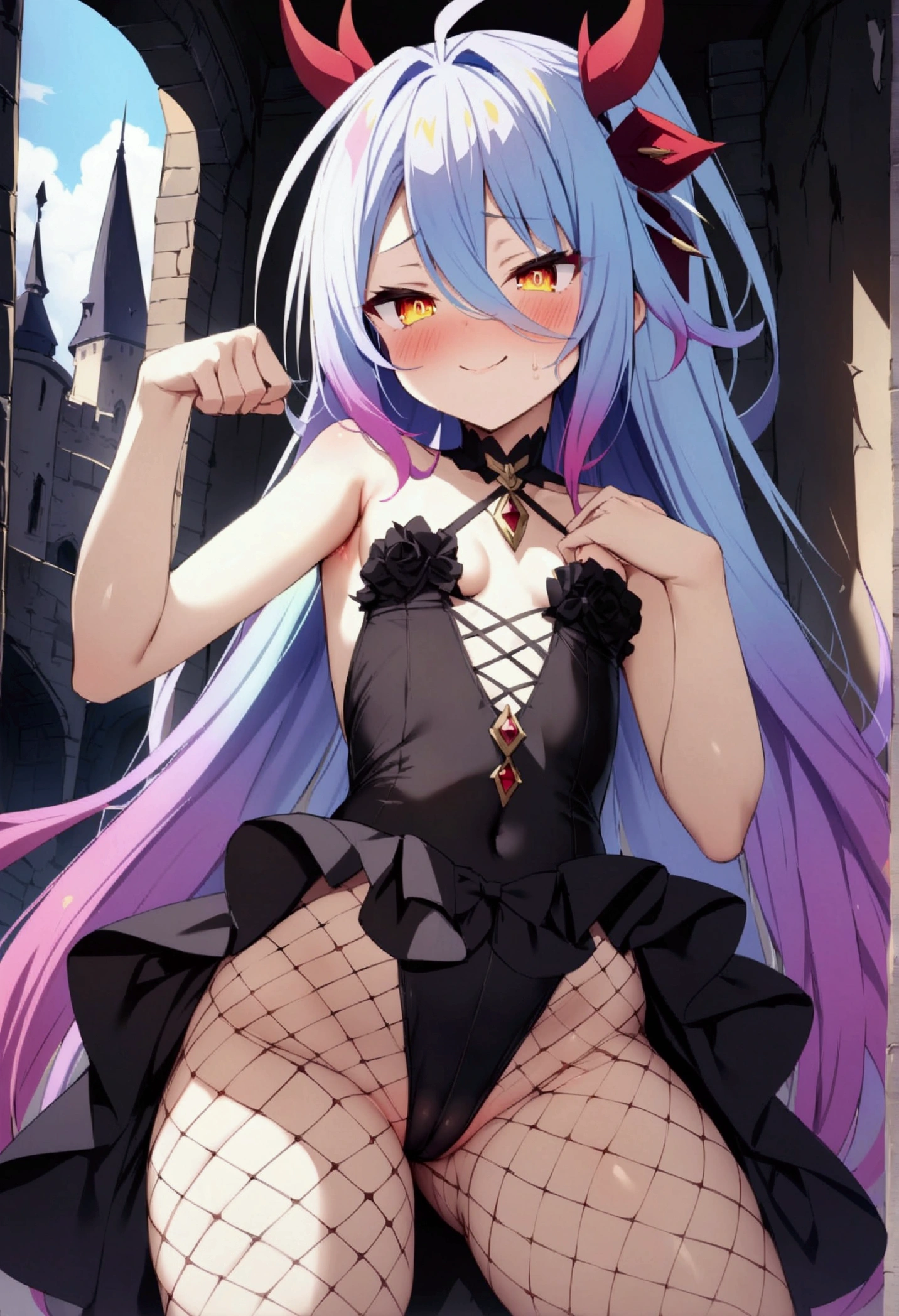 NSFW,masterpiece,Highest quality,High resolution,Very detailed,white\(no game No life\),Small breasts,Multicolored Hair,Gradient Hair,Bad smile,blush,(devil),devilの角,devilのしっぽ,devilの羽,High-quality black frill dress,leotard,Fishnet tights,Bossy Pose,Abandoned Castle