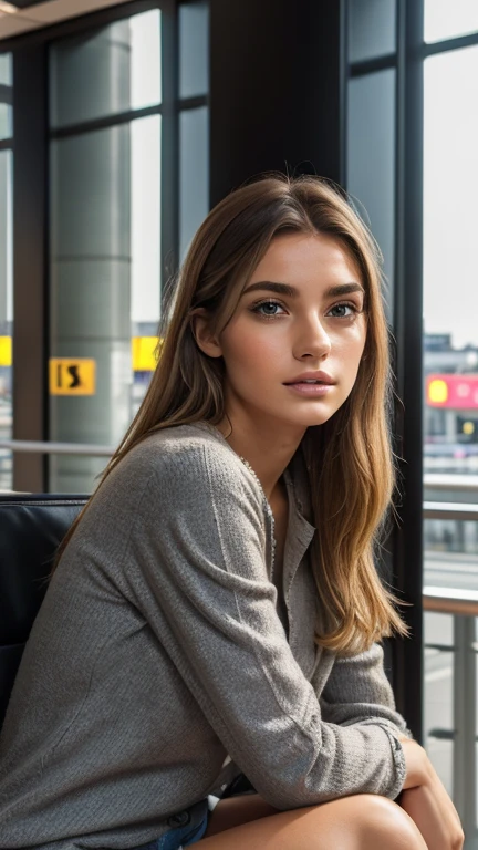 a beautiful girl, waiting and sitting in lille airport, casual and confortable clothes, hyper realistic, 8k, detailed face, detailed eyes, detailed lips, long eyelashes, intricate details, photorealistic, photos from far away