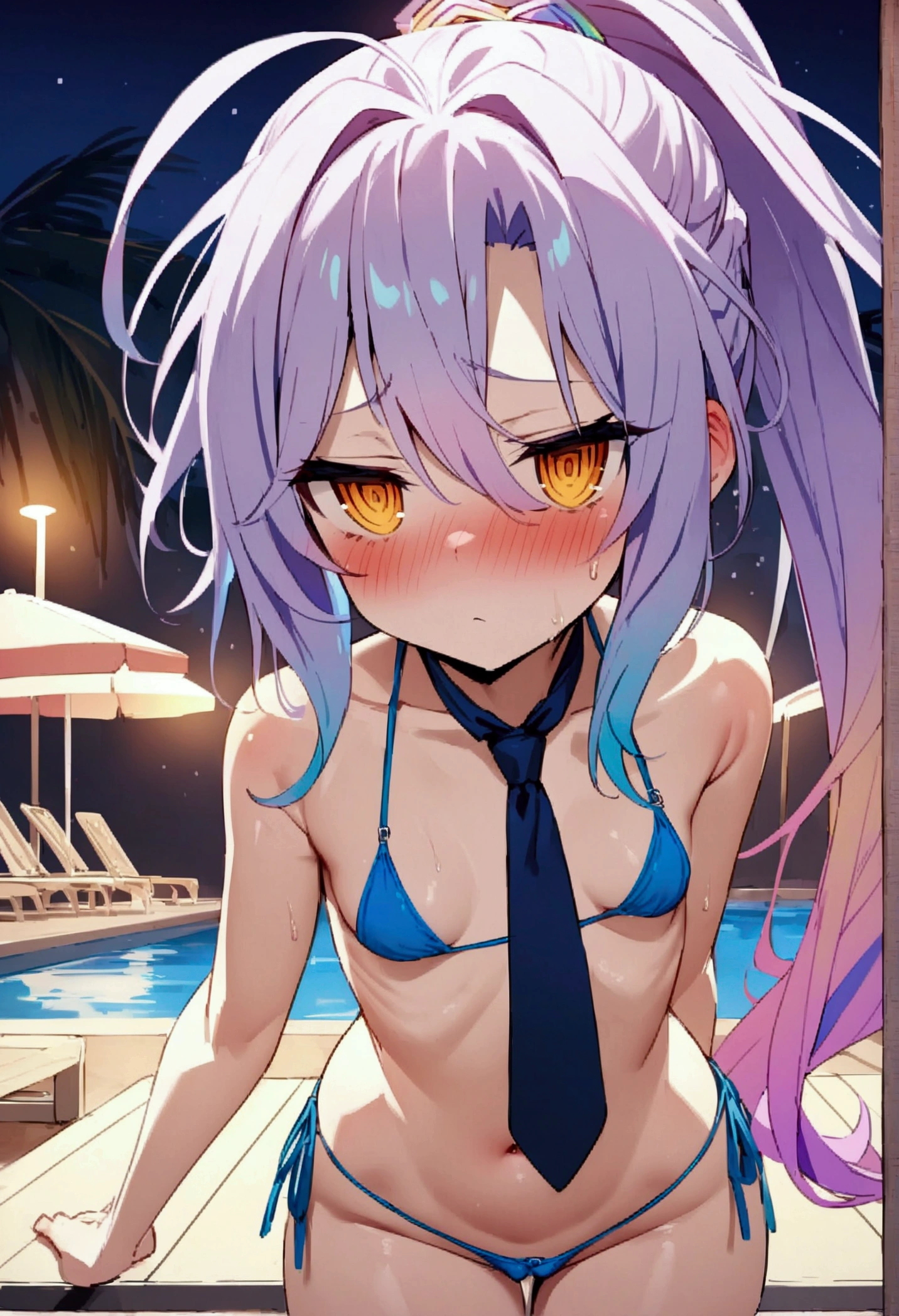 NSFW,masterpiece,Highest quality,High resolution,Very detailed,white\(no game No life\),Small breasts,ponytail,High quality tie side bikini,Pool at night,Beach parasol,Dissatisfied face,blush