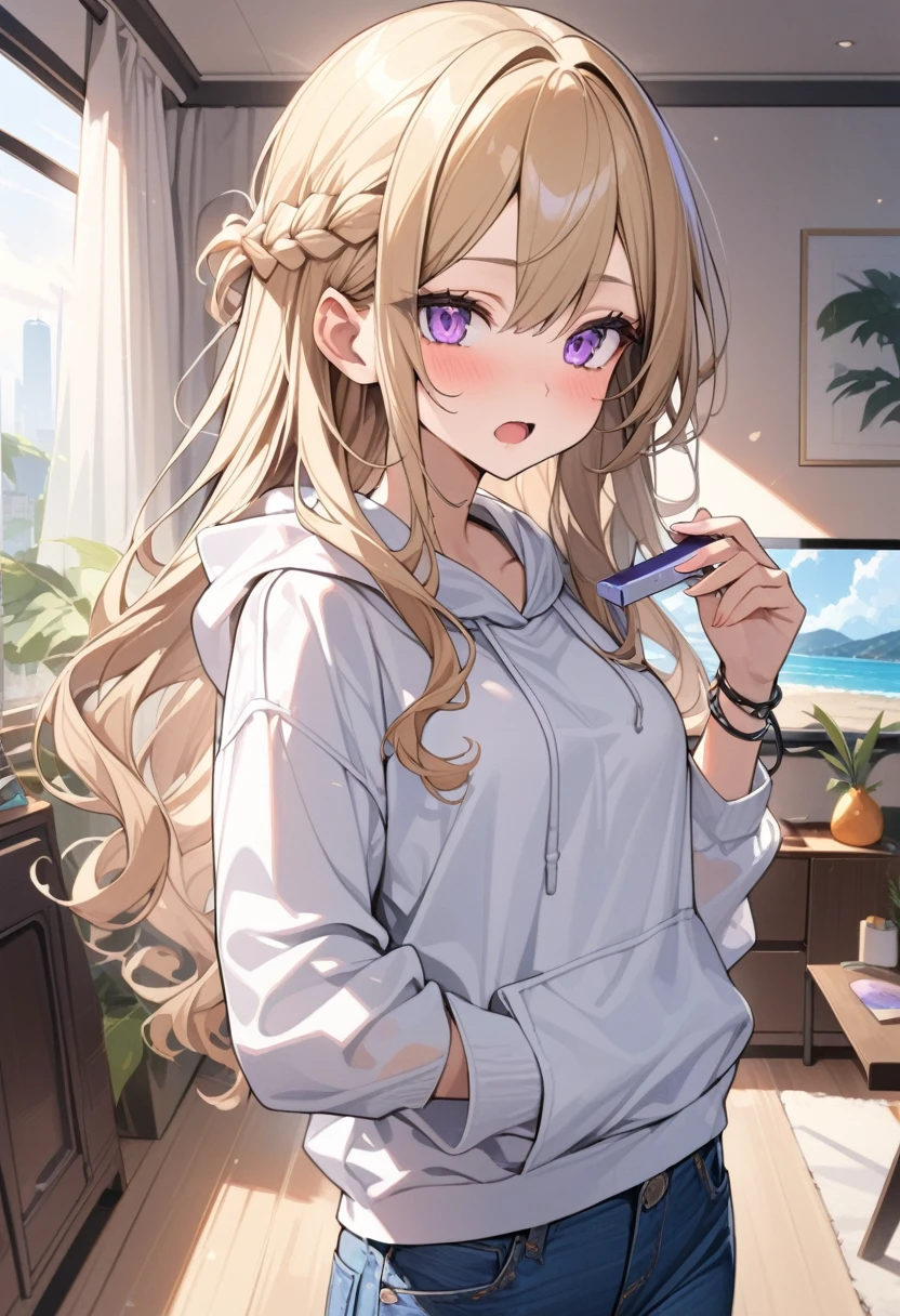 masterpiece, best quality, extremely detailed, ultra detailed, flat anime, 2D,
1girl, (young adult:1.2),blonde hair, (semi-long hair:1.2), curly hair, french braid, medium breasts, purple eyes, tsurime, height 1.7meters,
white hooded sweatshirt, jeans,bracelet, long sleeves,socks,
very interesting, open mouth, ((small USB flash memory in hand)),
upper body, portrait, looking back
summer, livingroom, 12AM., standing